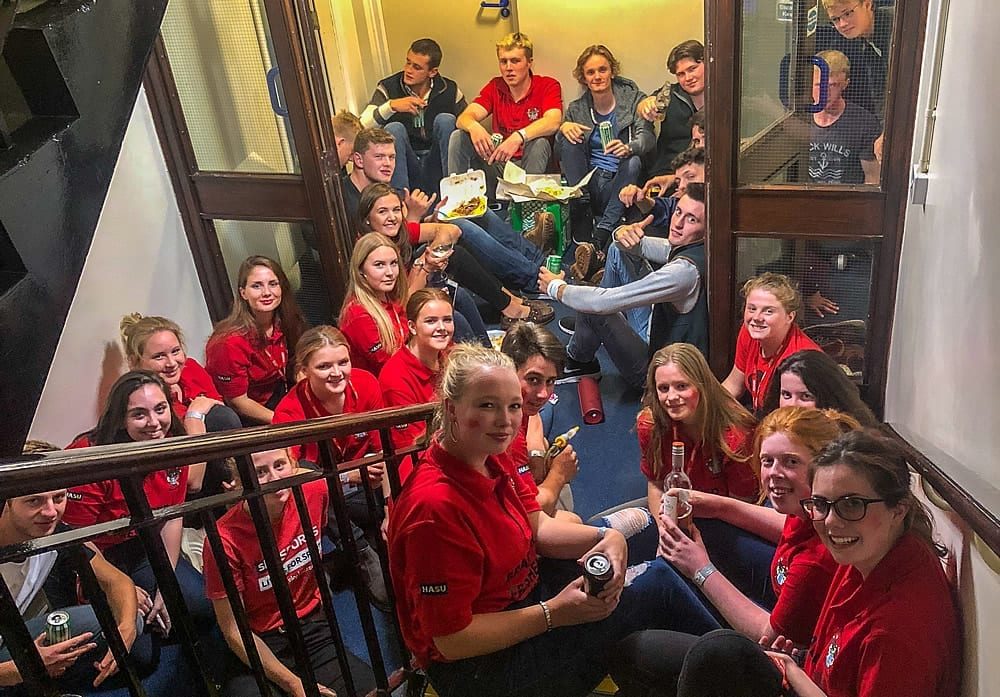 Young people in Harper stairwell